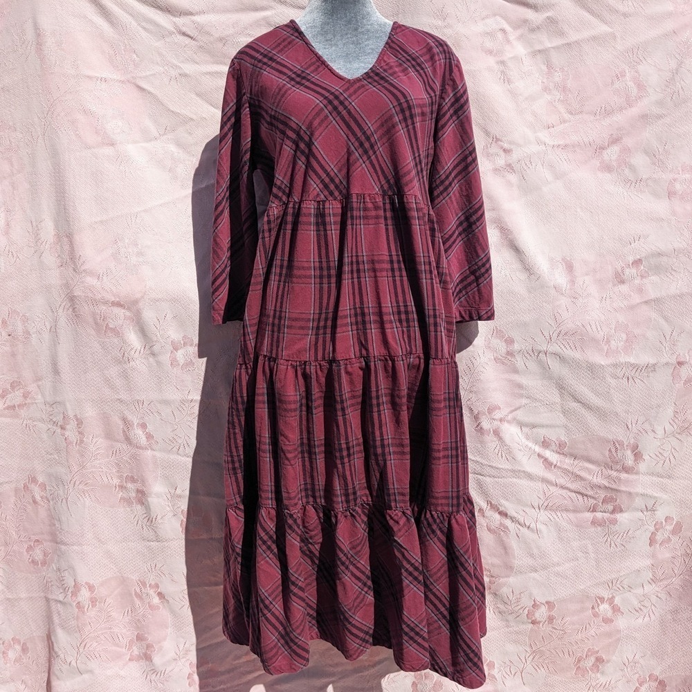 Vermont Country Store Dress M Plaid Tiered Cotton Midi Cottagecore Modest V Neck